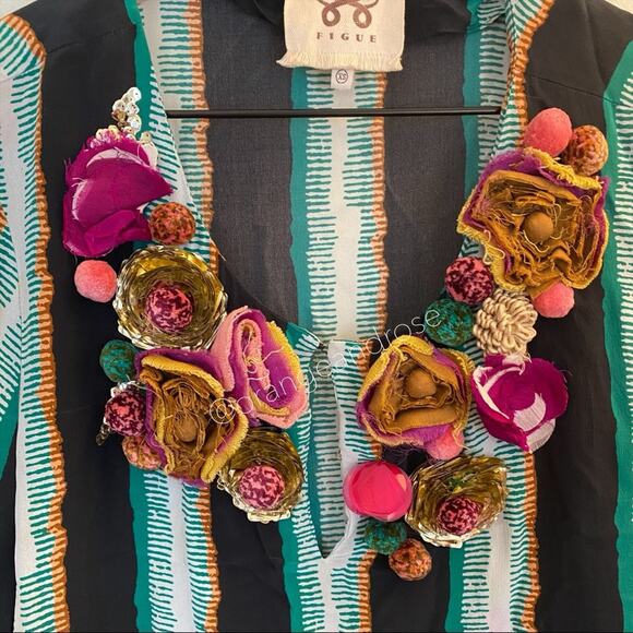 FIGUE Blue Silk Floral Appliqué Midi Dress XS - Picture 4 of 16